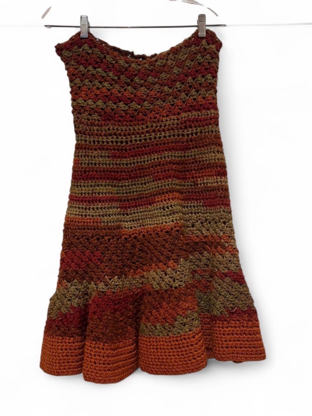 Vintage Handmade crochet mini dress/ skirt bohemian fall rust oFAK